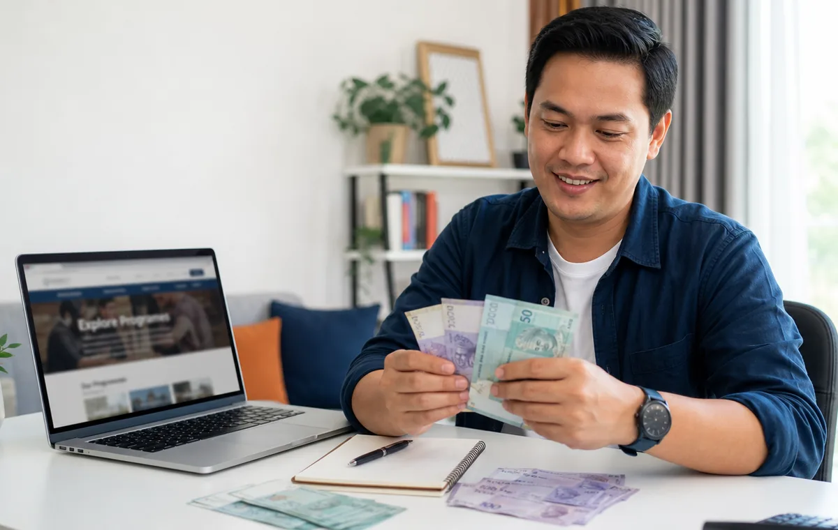 Man reviewing KTAC Executive Programme fees with cash and a laptop