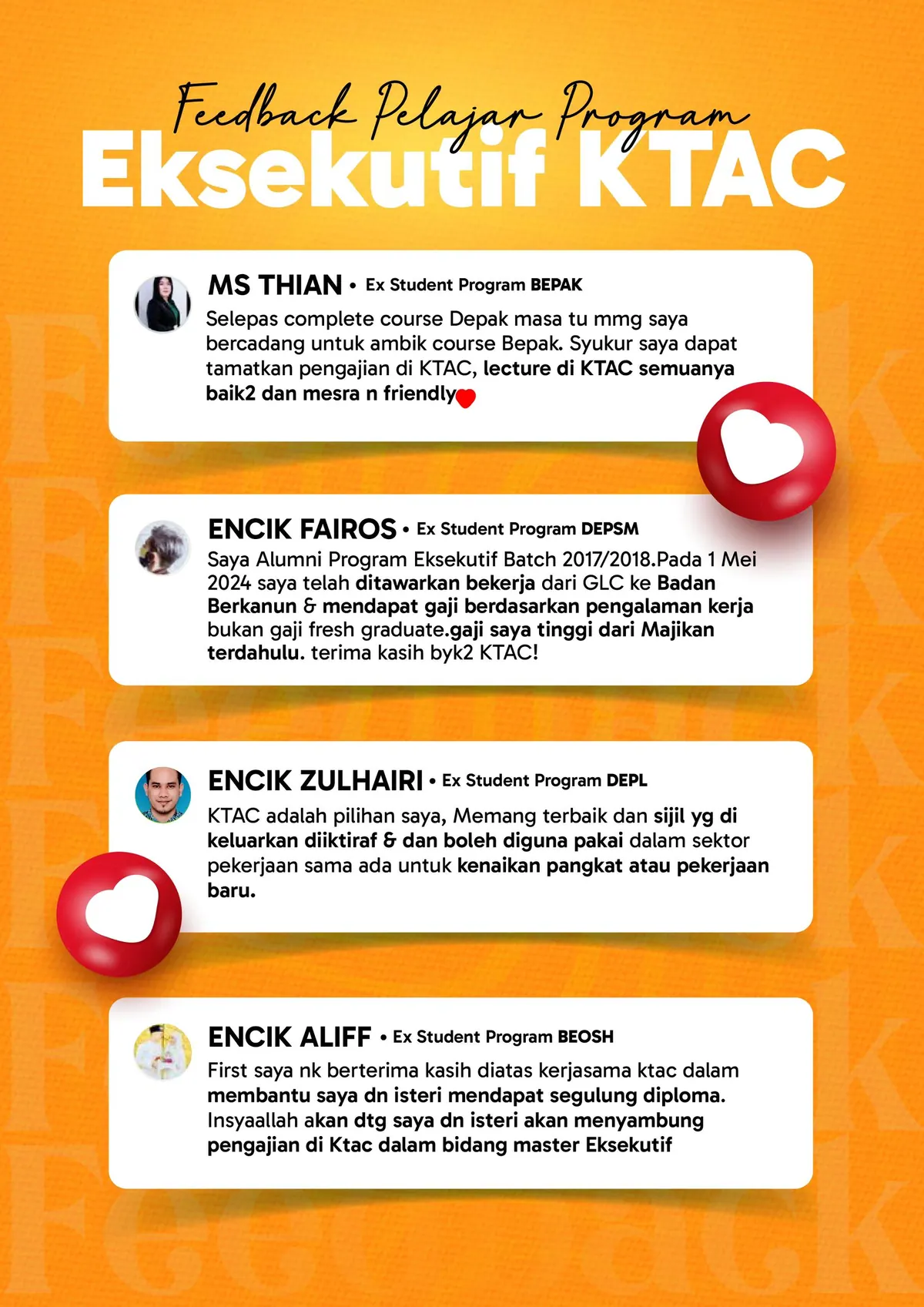 KTAC Executive Programme student testimonial graphic with orange background