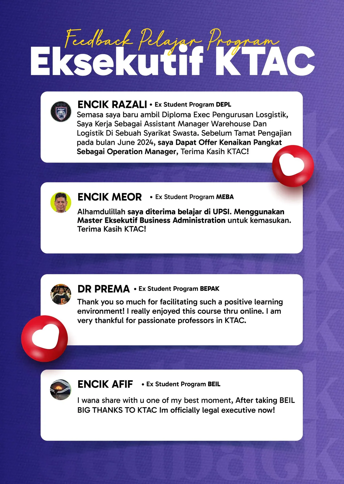 KTAC Executive Programme student testimonial graphic with purple background